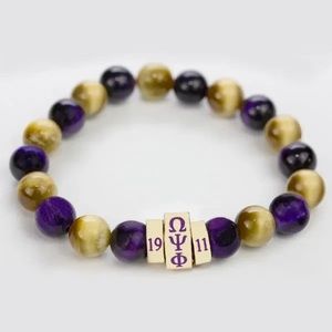 Omega Psi Phi Natural Stone Bead Bracelet Purple and Gold